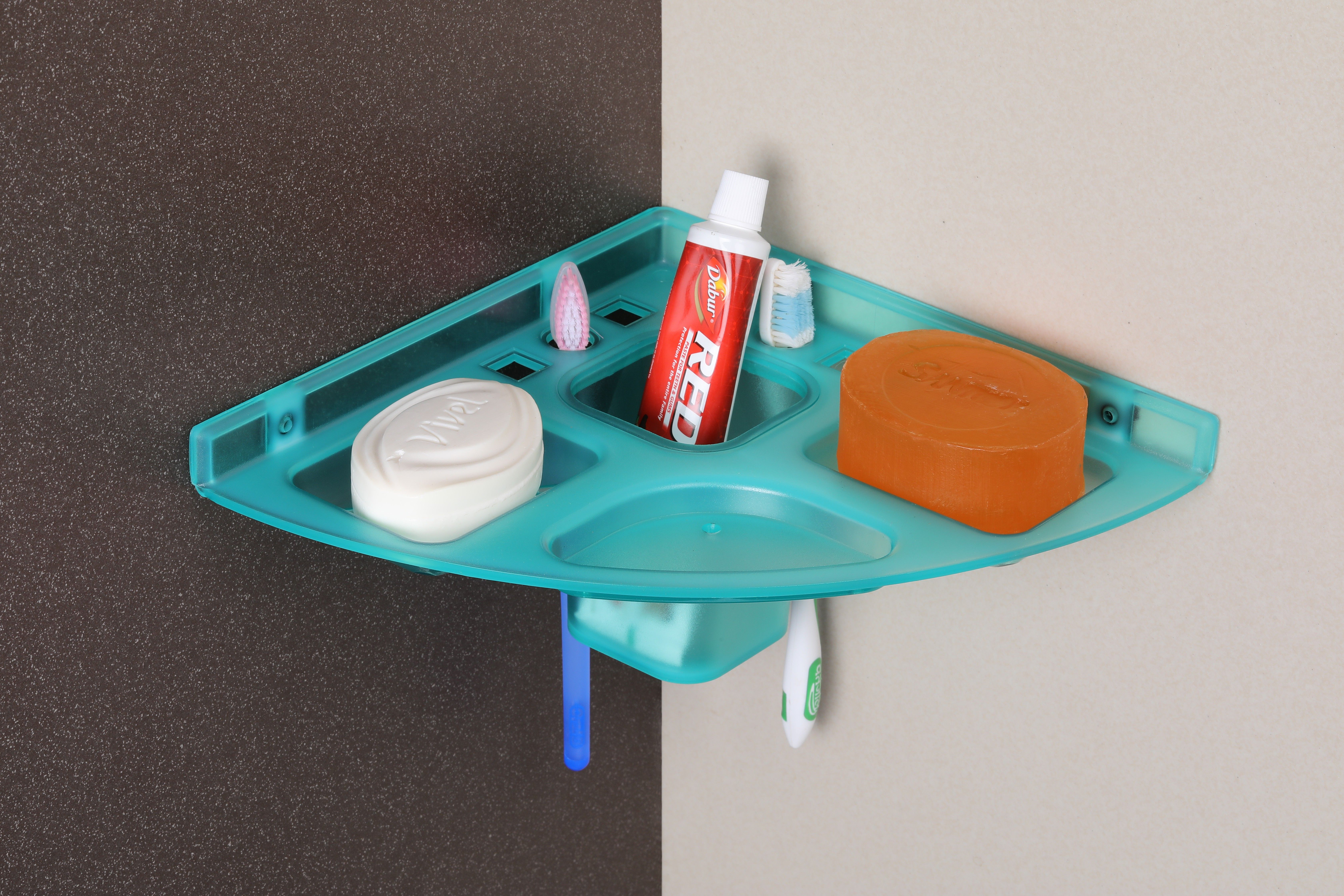 Green 5 in 1 Transparent Plastic Soap Dish - Tumbler for Bathroom (pack of 1) Plastic Wall Shelf-image-39