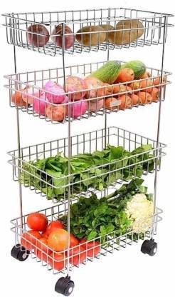 Dish Drainer Kitchen Rack 4 Layer Onion Potato Stand for Kitchen Fruit Vegetable Stand Storage Trolley Dish Drainer Kitchen Rack (Steel) Steel