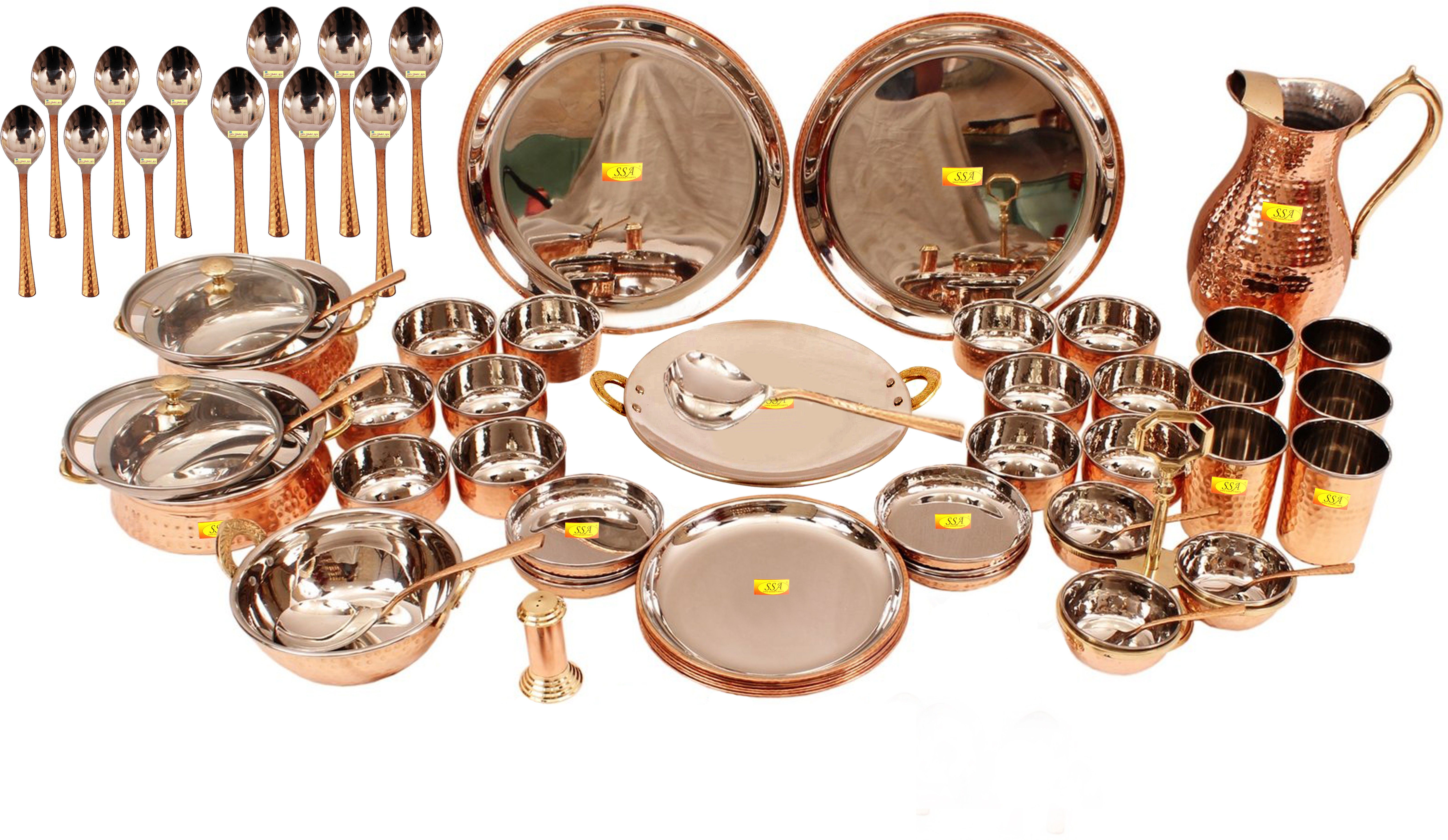 shivshakti arts Pack of 63 Copper Full Family Complete Steel Copper Thali Dinner Set For Serving Food, Tableware (Luxury Hammer Design Big - 63 Pieces) Dinner Set-picture-19