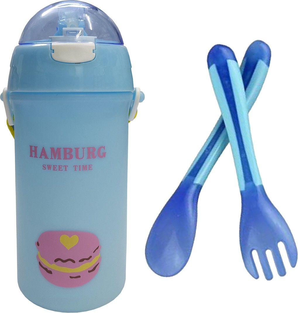 Eco-friendly Baby Water Bottle 550ml With Straw Children Kettle Drinkware with Heat Sensitive Fork & Spoon-image-49