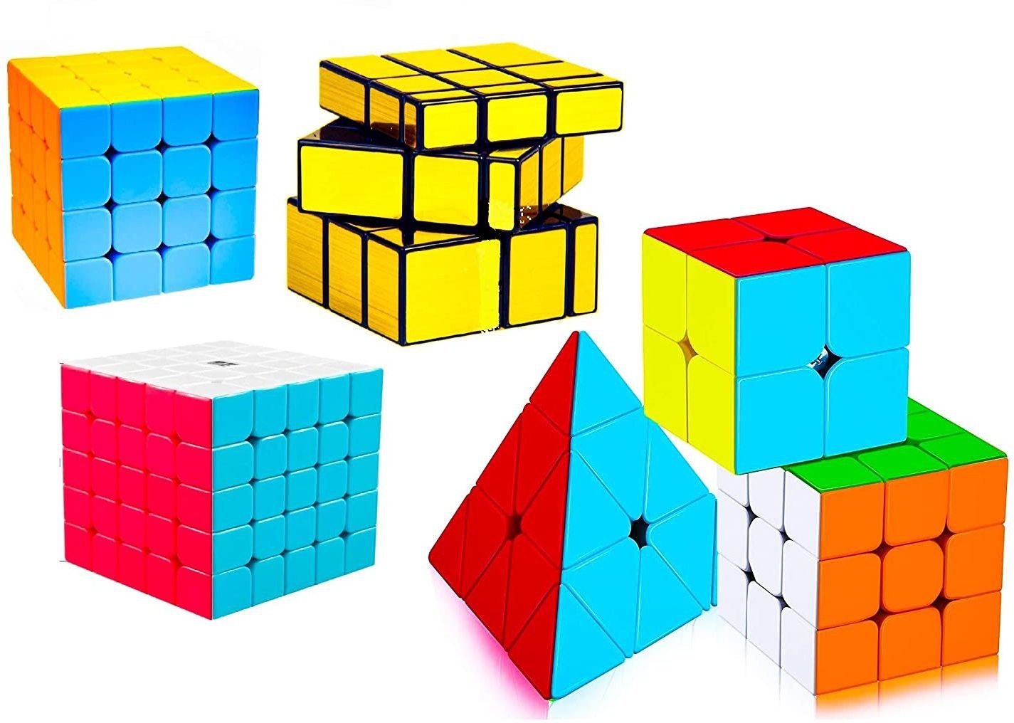 Speed Cube 2X2 3x3 4x4 5x5 Mirror and Pyraminx Pyramid Triangle Puzzle Cubes Combo ( 6 pieces )