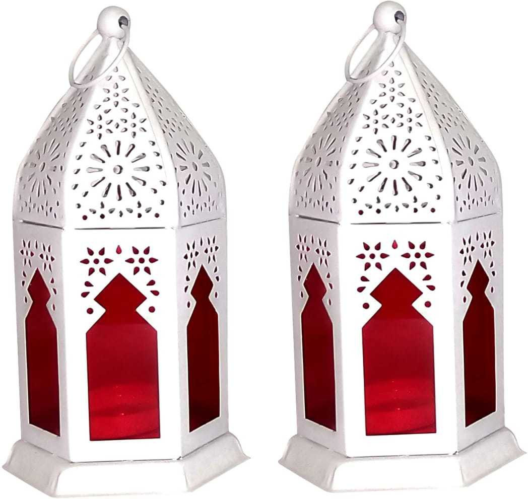 Designer International Decorative Moksha Hanging Lantern/Lamp with t-Light Candle, SET OF 2 White Iron Hanging Lantern image 1