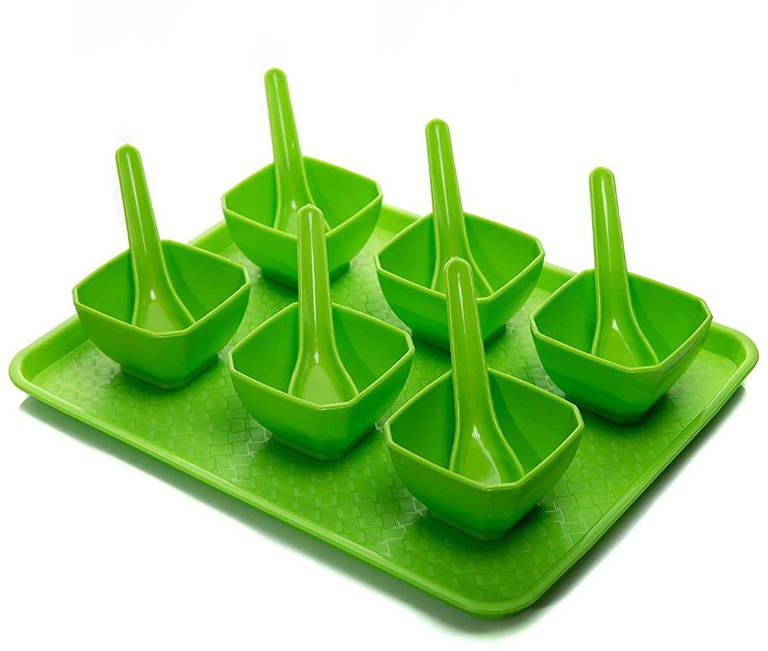 6 Piece Reusable Square Bowl Spoon and Tray Set, Perfect Serving Dish for Dips, Ice Cream| Snacks| and Candy Durable Hard Plastic| Includes 1 Tray 6 Bowls and 6 Spoons (Green) Tray, Bowl, Spoon Serving Set-image-10