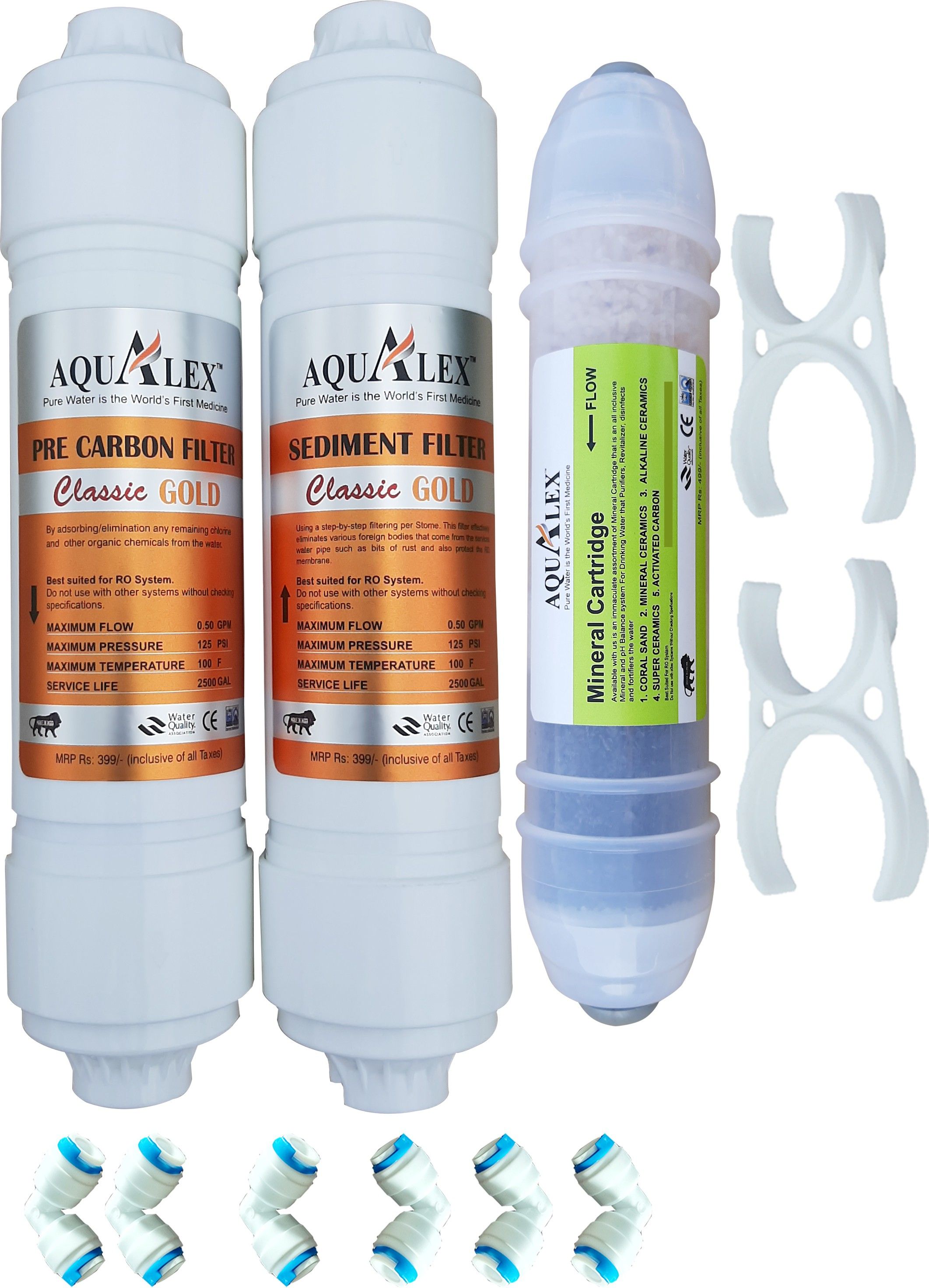 aqualex Pokar RO, Classic Gold Inline, Pre Carbon Filter+ Sediment Filter + 4" inch UF + 8" Inch 5 Stage Mineral Cartridge 6pcs Elbow Suitable for RO Water Purifier Solid Filter Cartridge-picture-12