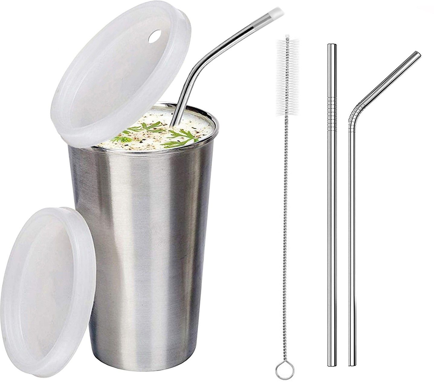 Stainless Steel Straw Glass with Airtight Lid and Cleaning Brush for Kids, Silver Glass Water/Juice Glass-image-31