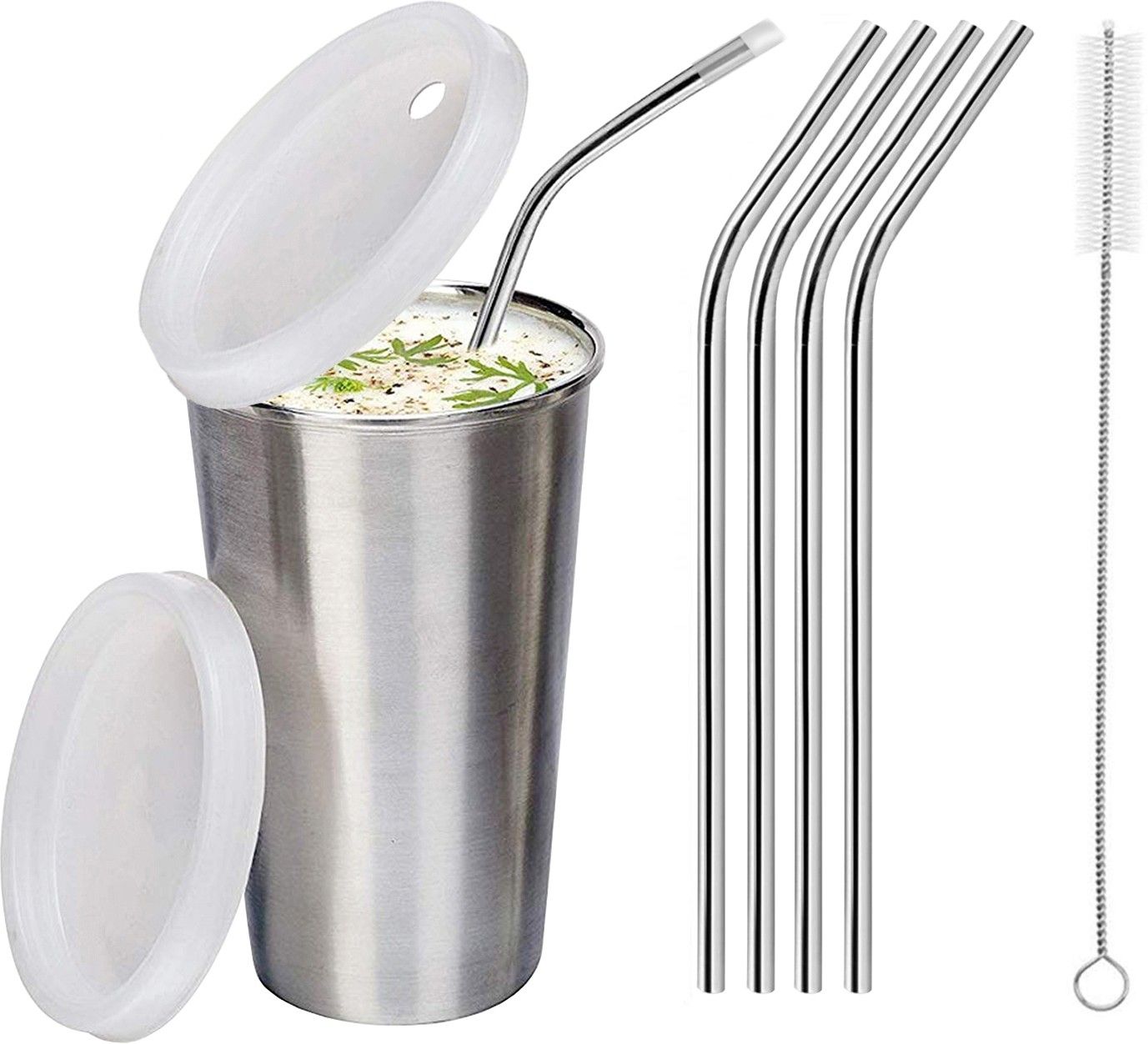 Stainless Steel Straw Silver Glass for Kids with Airtight Lid and Cleaning Brush Glass Water/Juice Glass-image-36