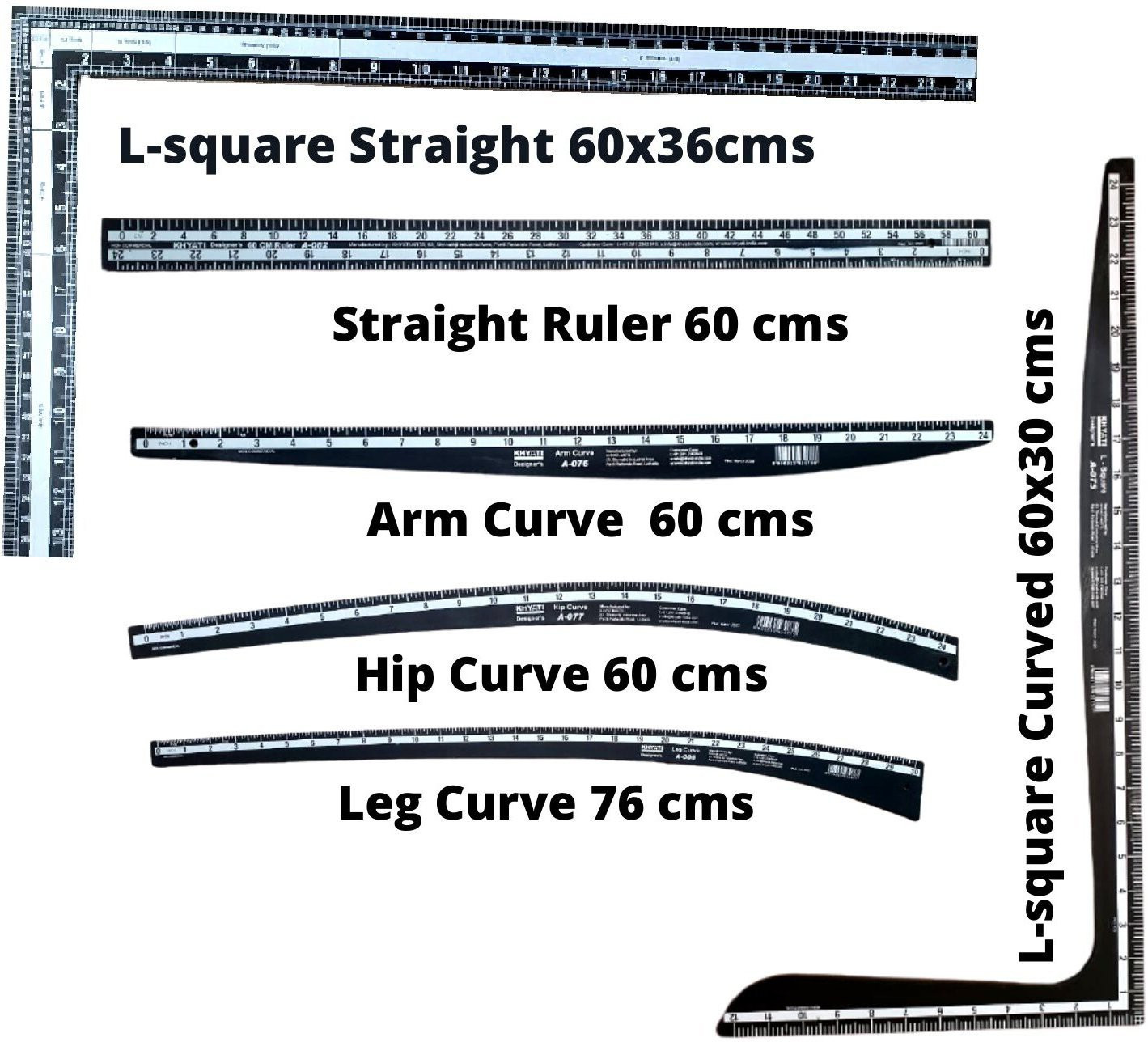 khyati Fashion Designing Scale- Hard Plastic Scale- Set of 6, L-Square Straight, L-Square Curve, Arm Curve, Hip Curve, Straight Ruler, Leg Curve, Sewing Material. Ruler image 1