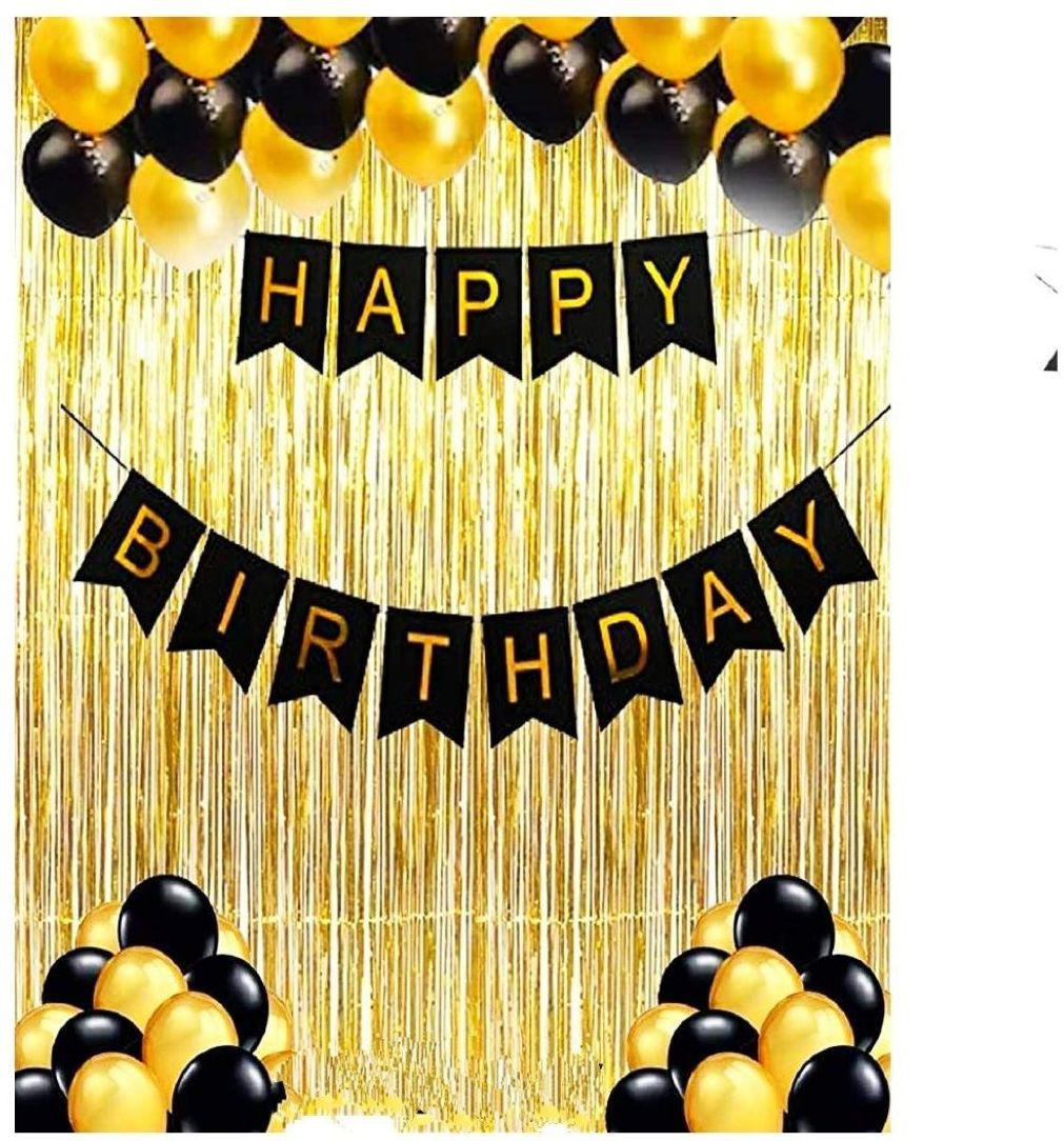 acome Solid Balloons Combo Kit Pack of 1 Piece Happy Birthday Banner, 30 Black and Golden Balloon, 2 Golden Curtains for Birthday Decoration Balloon image 1