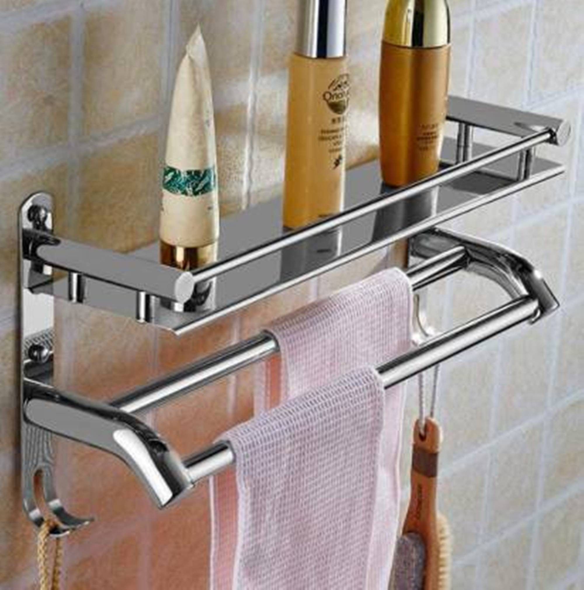 Stainless Steel Rust Free High Quality bathroom Shelf With Rod and Hook all in one | bath shelf rack | towel rod | towel hanger with cloth hook SILVER Towel Holder-image-32