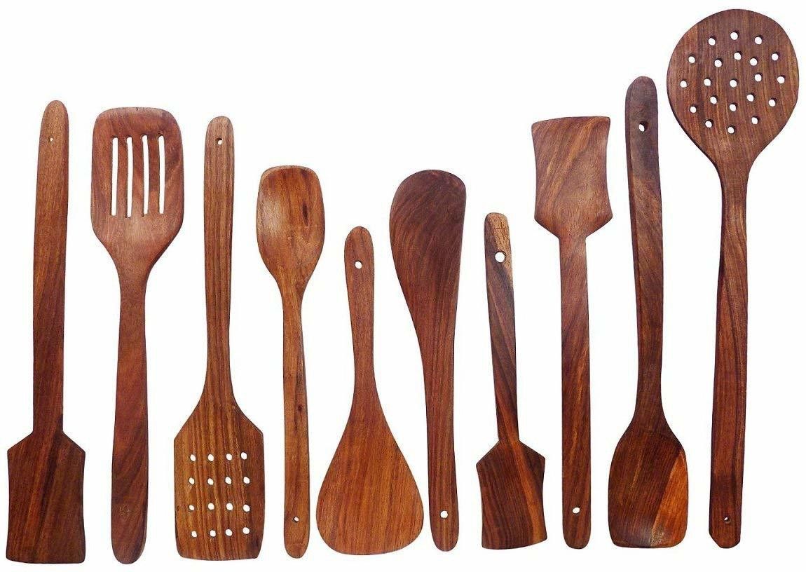 Handmade Wooden Non-Stick Serving and Cooking Spoon Kitchen Tools Utensil, Set of 10 Wood Serving Spoon, Wooden Spoon, Cooking Spoon Set-image-35