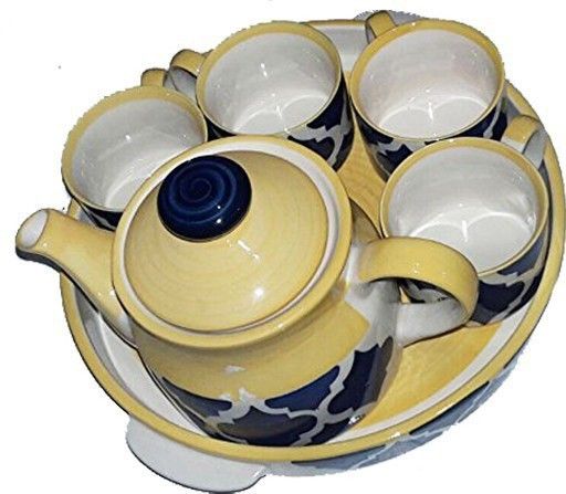 Ceramic Handmade Blue umraow Pattern Tea Tray Set 6pc Tea Urn-image-42