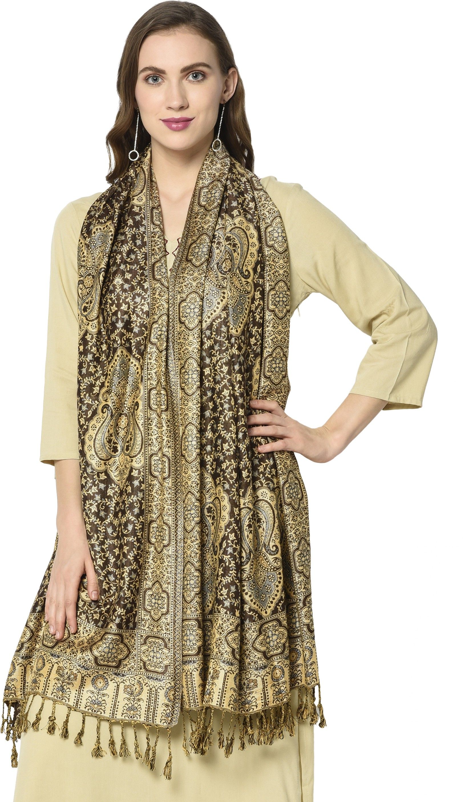 weavers villa Woven Viscose Women Brown Scarf, Stole, Fancy Scarf-picture-14