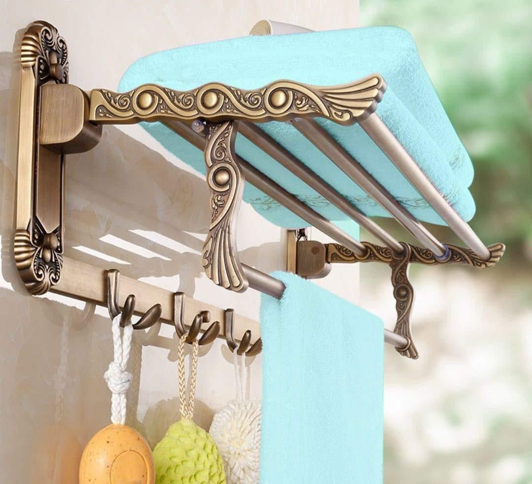 Antique 24 Inch Aluminum Folding Towel Rack for Bathroom/Folding Towel Stand/Hanger/Bathroom Accessories (Brass Finish) Brown Towel Holder-image-19