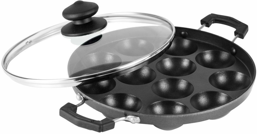 NON-STICK APPAM/ PANIYARAKKAL WITH 12 PITS/CAVITY/BOWLS, SIDE HANDLE (ALUMINIUM DIA-CAST) (APPAM WITH GLASS LID)WITH FREE WOODEN SPATULA & SCRUBBER Paniarakkal with Lid 1 L capacity 24 cm diameter-image-28