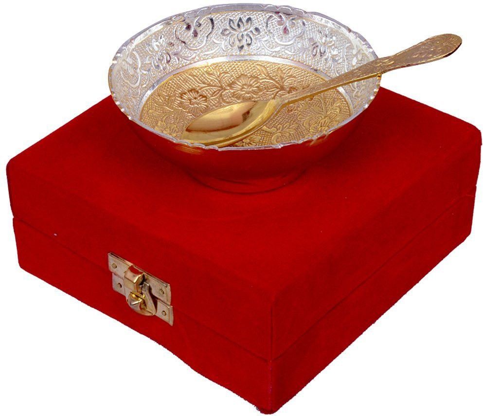 German Silver Brass Round Bowl Sets with Tray and Spoon with Royal Luxury Velvet Box Packing Used for Dry Fruit, Sweets and Home Decor Bowl, Spoon Serving Set-image-16