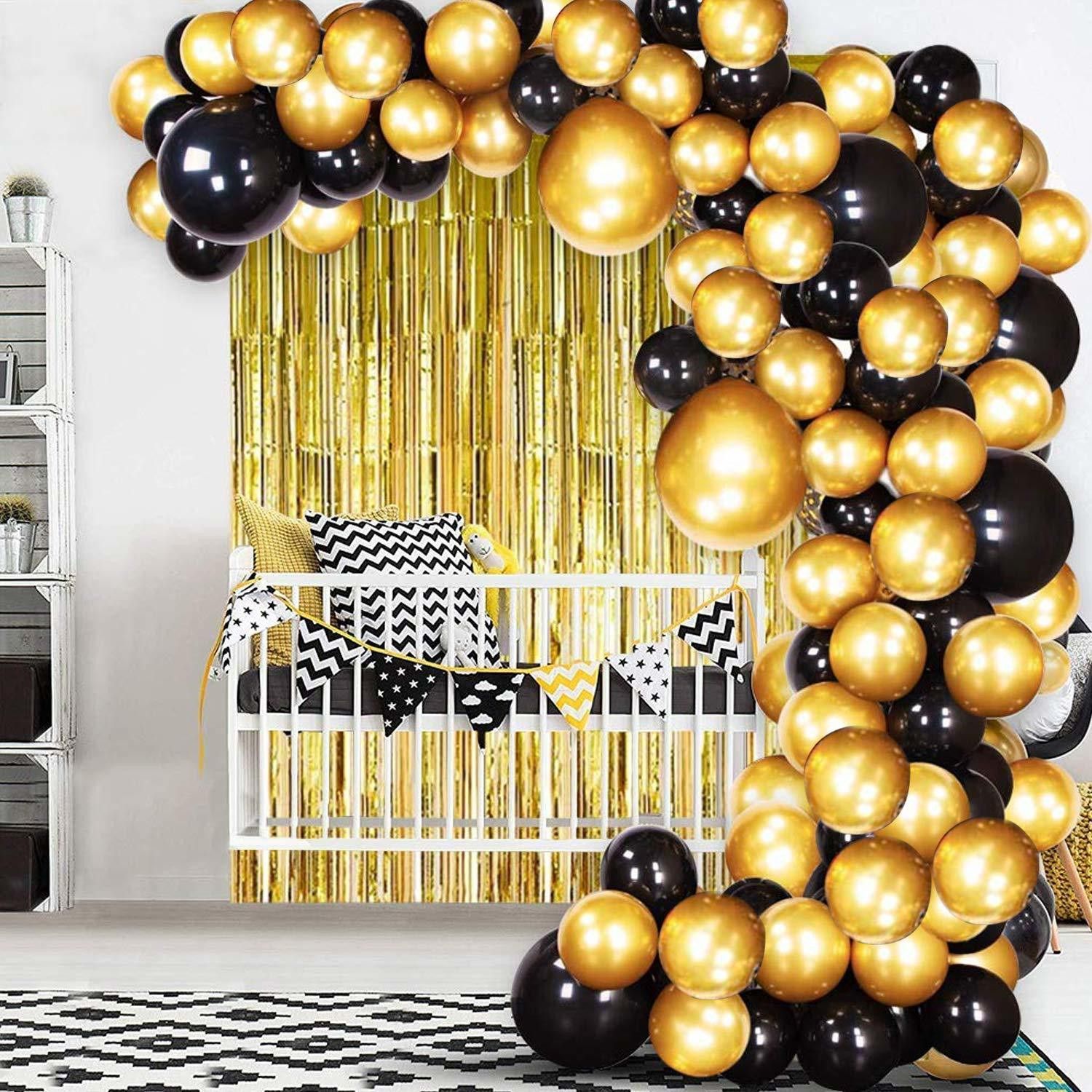 Solid Balloon Pack of 100 Pieces (black and golden ) with 2 pcs golden curtain fringe for Birthday Party Decoration & Occasions Balloon-image-18