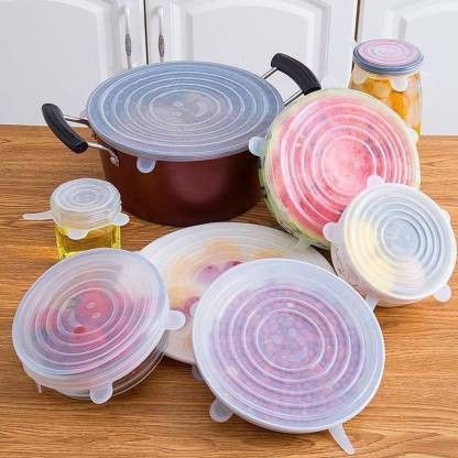Microwave Safe Silicone Stretch Lids Flexible Covers for Rectangle, Round, Square Bowls, Dishes, Plates, Cans, Jars, Glassware and Mugs (Free Size) 5 inch Lid Set