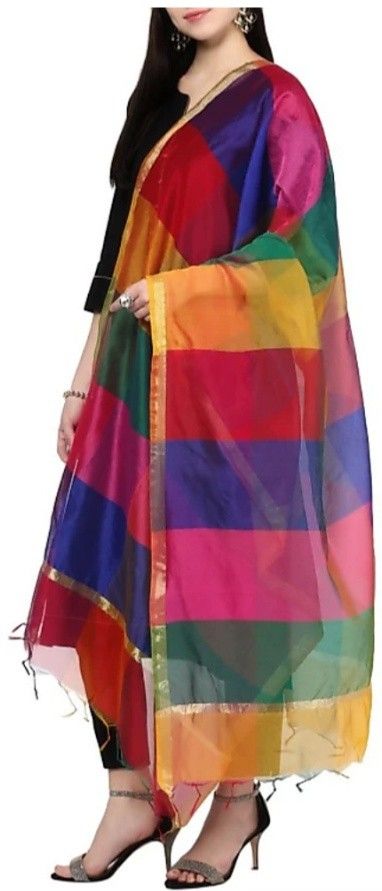 Poly Chanderi Striped Multicolor Women Dupatta-image-10