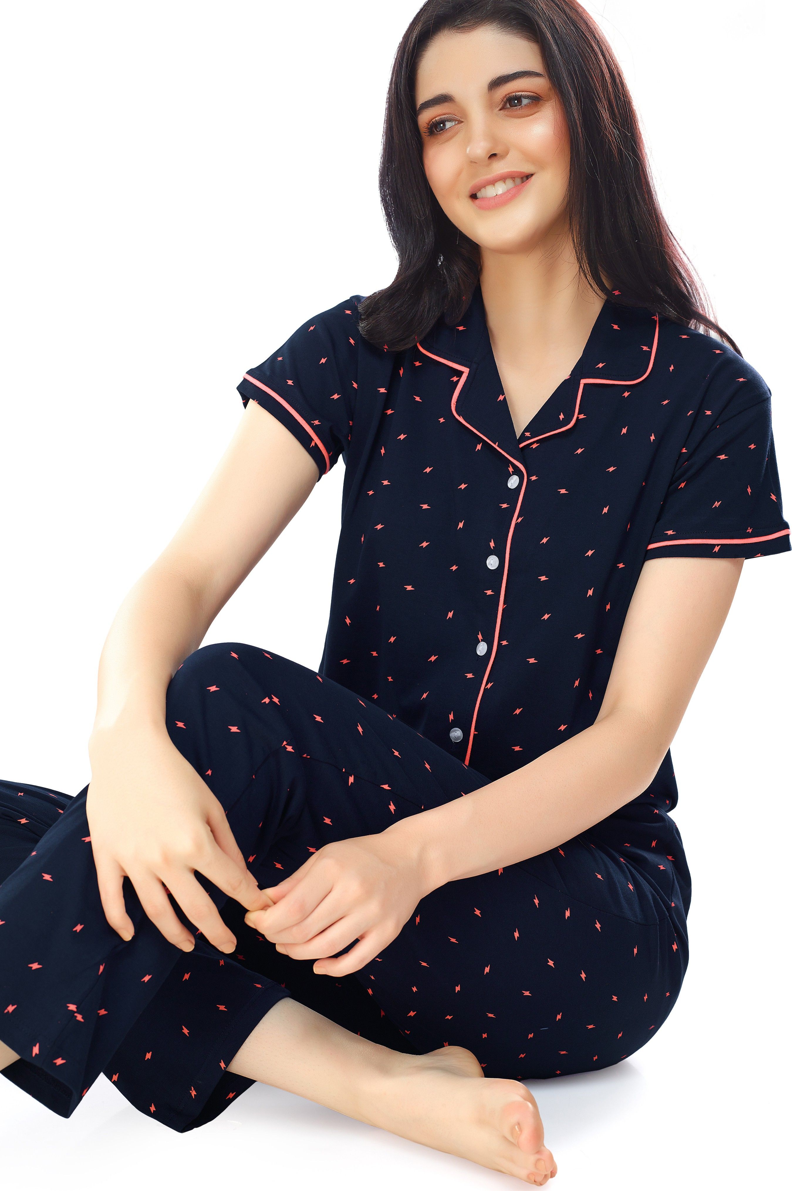 zeyo Women Shirt & Pyjama set Dark Blue, Pink Printed-picture-10