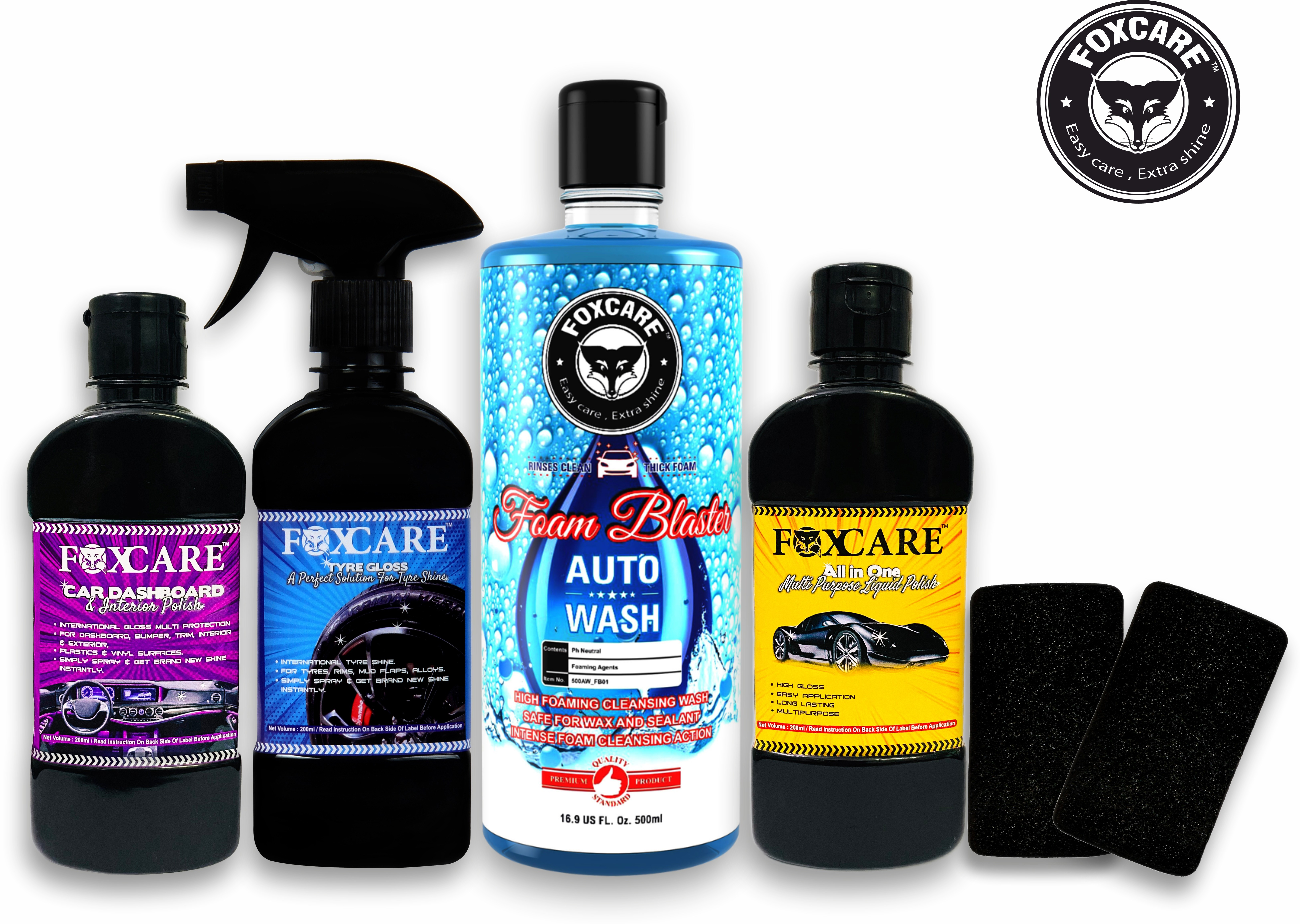 foxcare DASHBAORD AND INTERIOR POLISH, ALL IN ONE MUITIPURPOSE LIQUID POLISH, TYRE GLOSS- A COMPLETE SOLUTION FOR TYRE SHINE, FOAM BLASTER - CAR SHAMPOO - 500ML, 2 SPONGE APPLICATORS Combo image 1