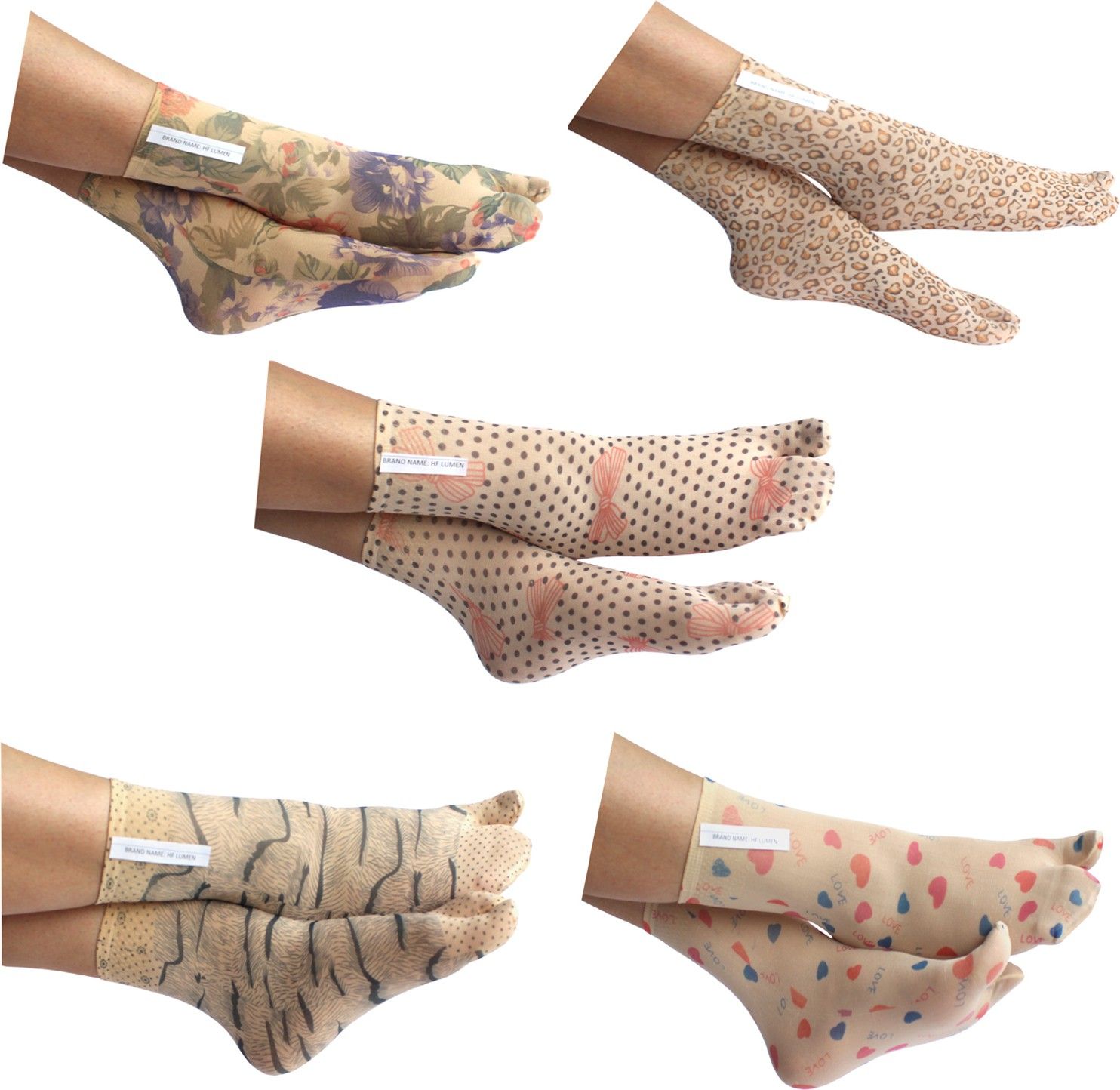 Thin Net Skin Tiger Printed Fine Nylon Thumb Socks For Women Printed Mid-Calf/Crew