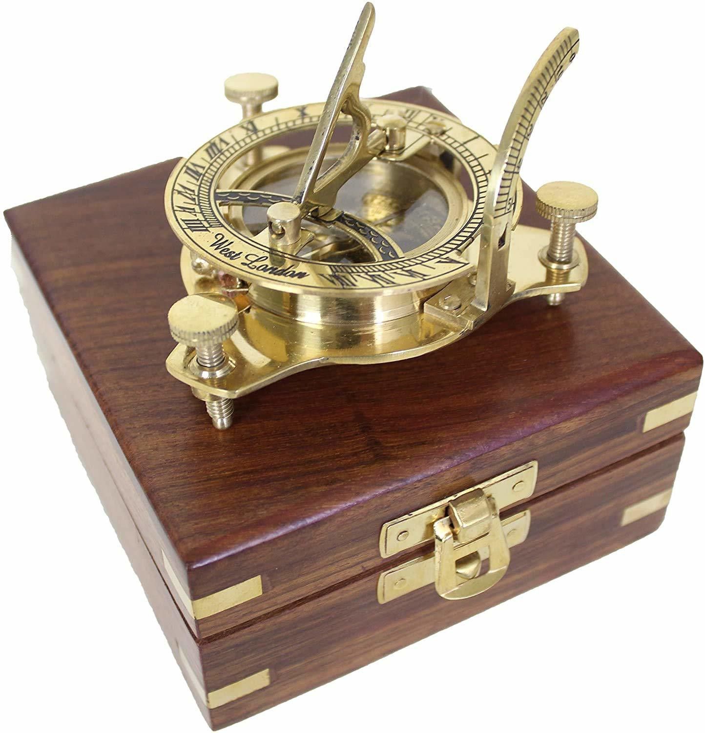 ascent india Brass Sundial Compass WIth Wood Box Collectible Gifting Item Good Quality Made Compass-picture-17