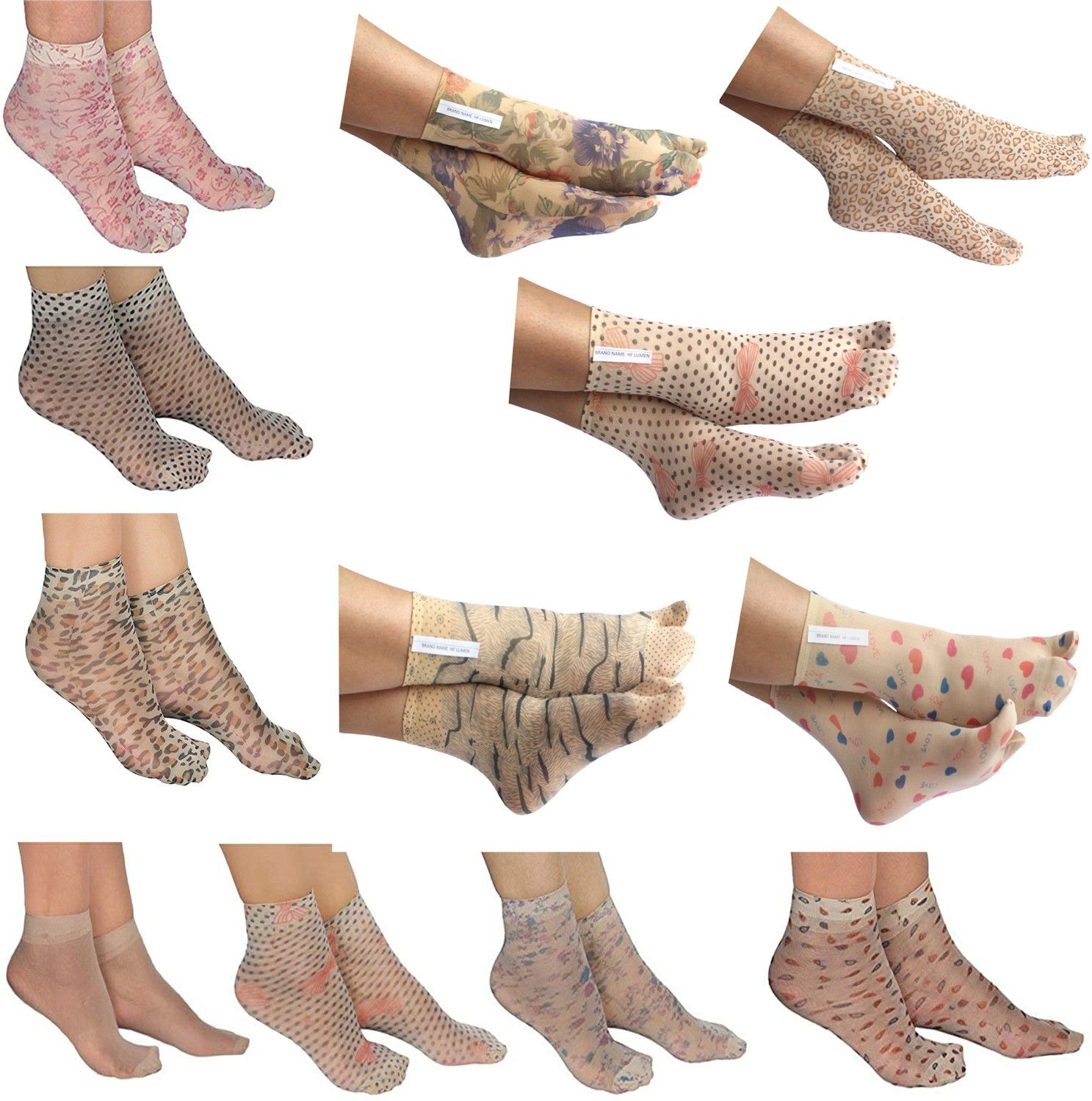 Skin Printed Thin Transparent Net Fine Nylon Ankle Length Socks (5 With thumb + 7 Without Thumb) Women Printed Ankle Length-image-39