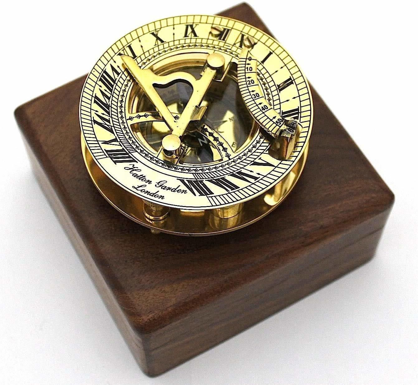 ascent india Shiny Round Brass Sundial Compass in Wooden Box Vintage Nautical Compass-picture-32