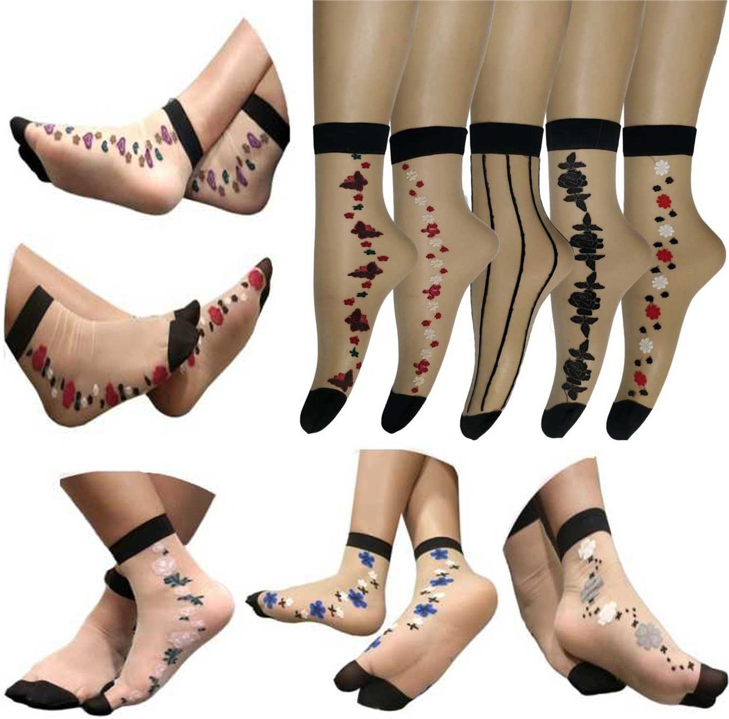 Thin Transparent Net Fine Nylon Side Flower Socks Combo (5 With Thumb + 5 Without Thumb) For Women Floral Print Ankle Length-image-38