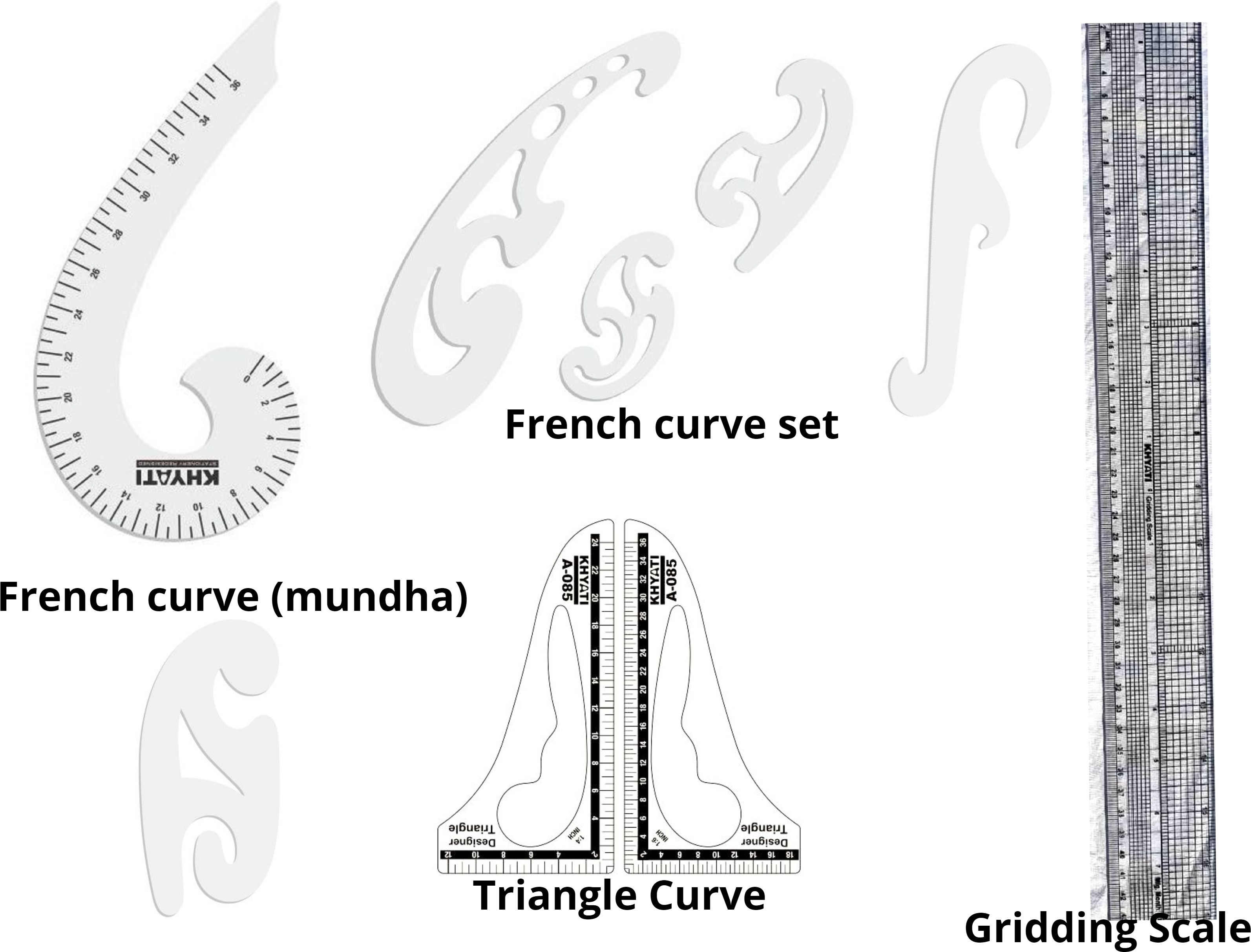 khyati Designing French Curves- Set of 9 curves-1 pc of French curve 6 shape with marking (36 cm) and 4 pcs of accurate French curve with inking edges (without marking), 1 pc of French curve (mundha) and 2 pcs of triangle curve and 1 pc of Gridding scale (45 cm)- Tailoring scales/ tailoring material Ruler image 1