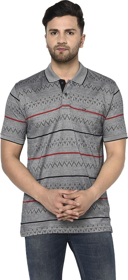 Men Striped Polo Neck Pure Cotton Grey T-Shirt-image-18