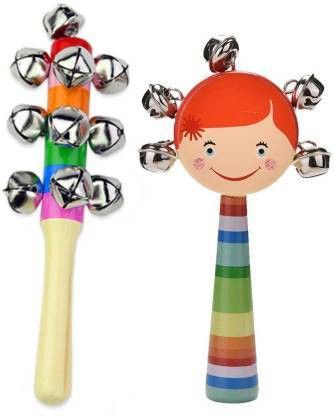Colorful Wooden Rainbow baby Handle Jingle Bell Rattle Toys Pack of 2 Rattle (Multicolor) Rattle
