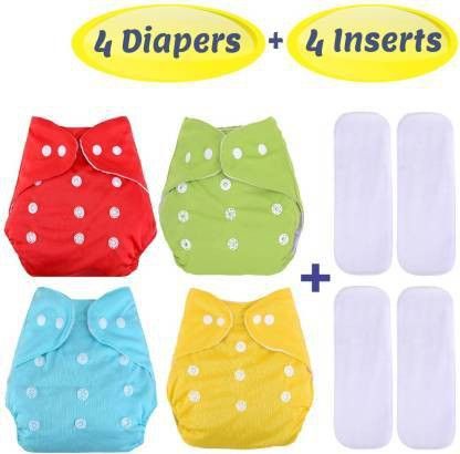 Washable Reusable Adjustable Cloth Diaper Nappy For New Born (4Diaper+4Insert Black)