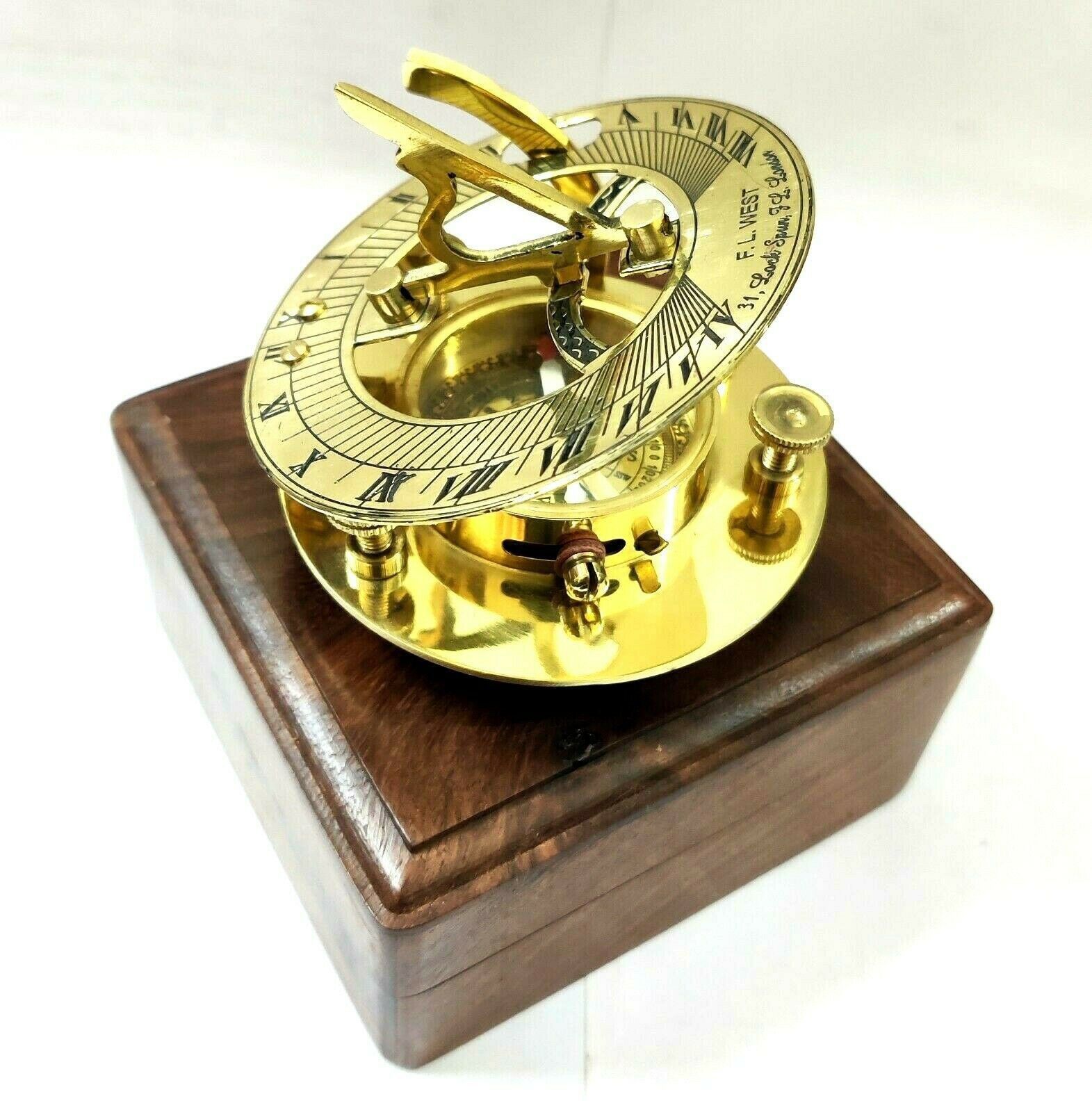 Brass Shinny Sundial Compass Round With Wooden Box Gift Compass-image-30