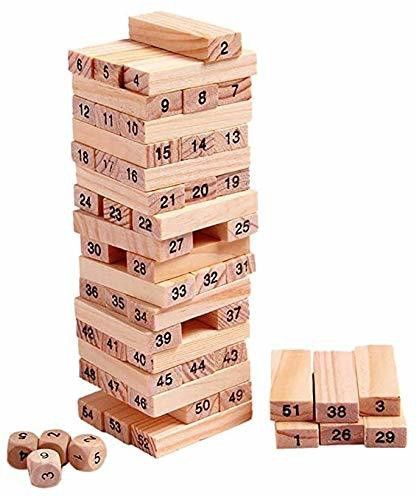 Tumbling Tower 54 Pieces Numbered Wooden Block Stacking Game with 4 Dices, Challenging Maths Game for Adults and Kids (Multicolor)-image-39