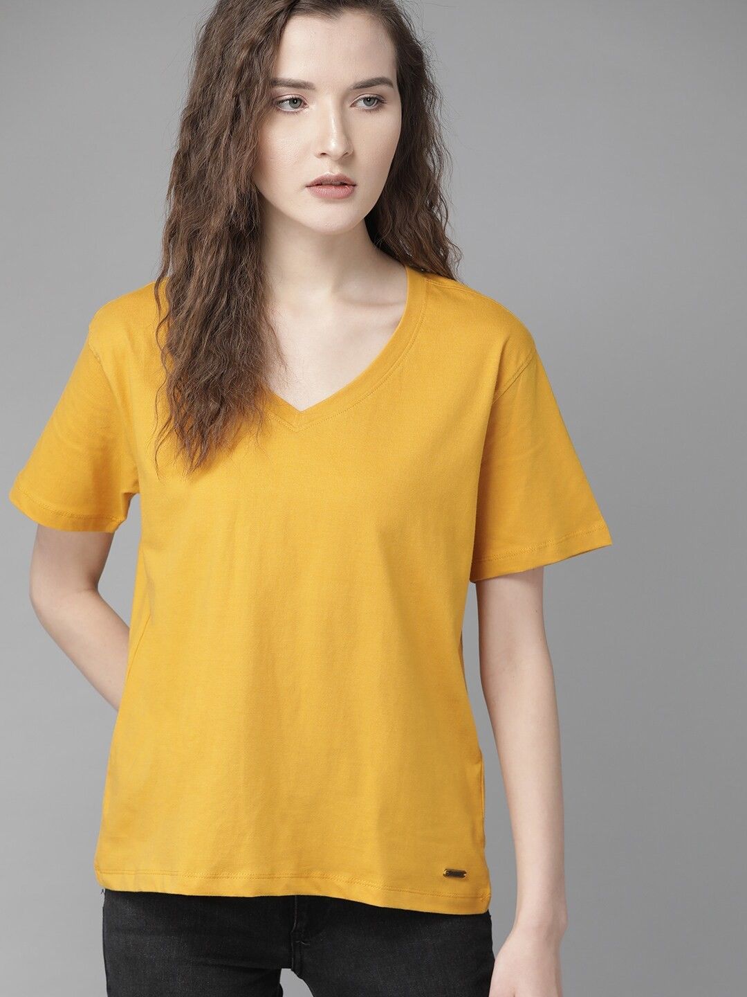 Women Solid V Neck Pure Cotton Yellow T-Shirt-image-11