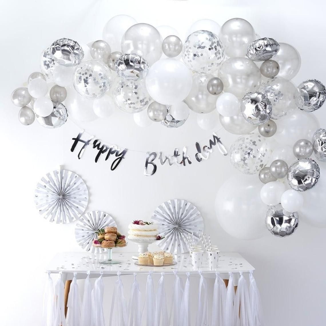 Solid Silver Happy Birthday Balloon with Confetti & White Balloons Pack of 40 Balloon-image-15