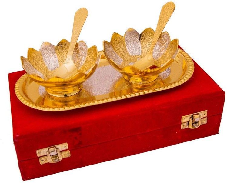 monsha German Silver Floral Bowls and Spoon with Tray Set - 150 ml, 1 Tray, 2 Bowls, 2 Spoons, Silver Bowl, Spoon, Tray Serving Set-picture-28