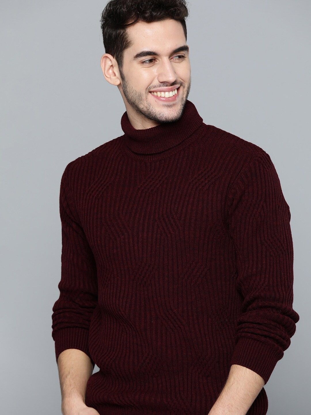 mast & harbour Men Self Design Turtle Neck Maroon Sweater-picture-23