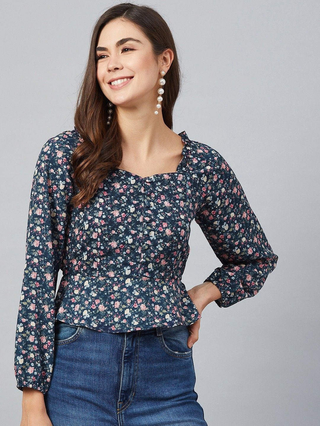 rare Casual Regular Sleeves Printed Women Dark Blue Top-picture-10