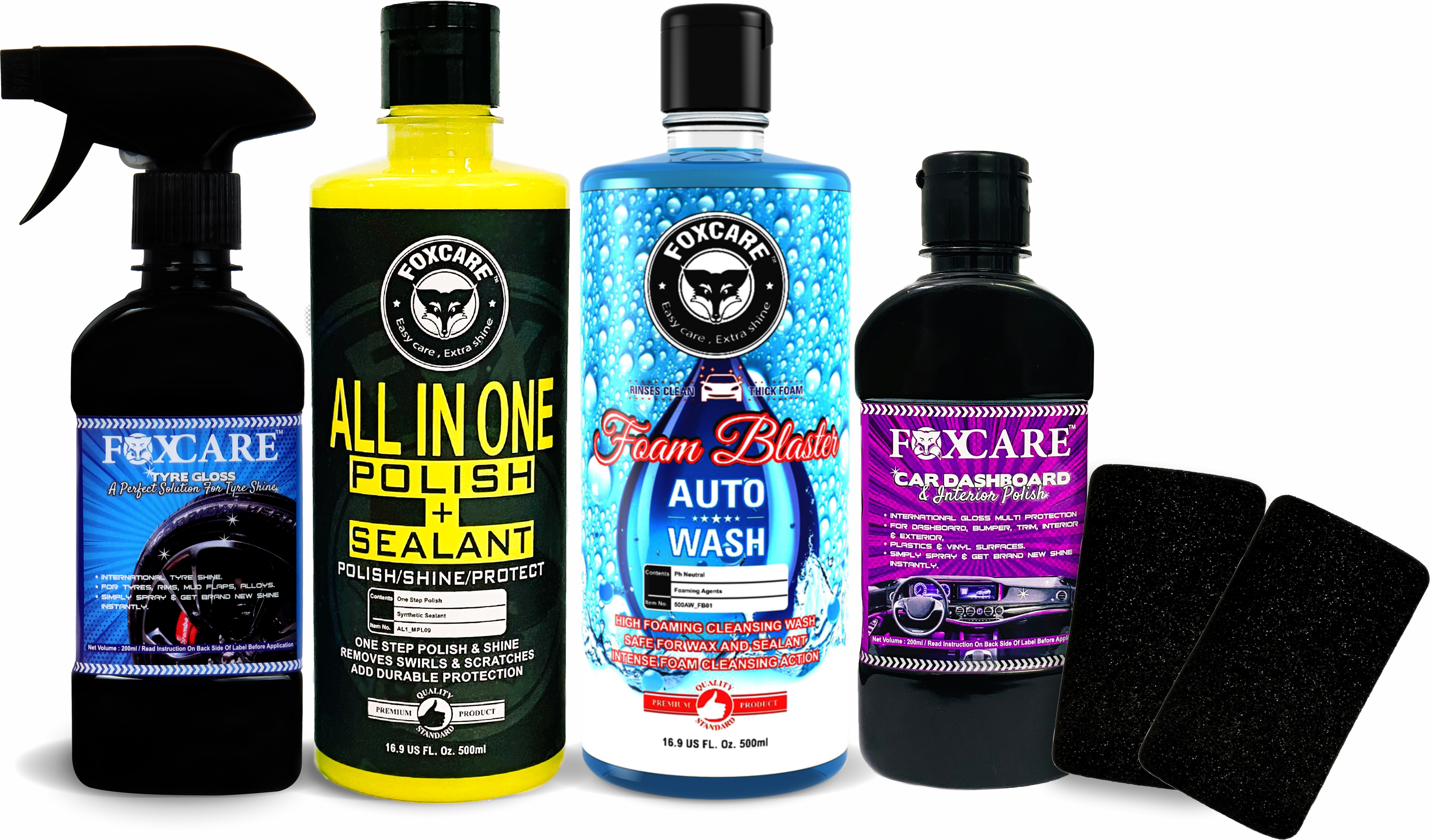foxcare 500 ML ALL IN ONE POLISH + SEALANT, 500 ML FOAM BLASTER AUTO WASH SHAMPOO, 200 ML DASHBOARD POLISH, 200 MLTYRE GLOSS Combo image 1