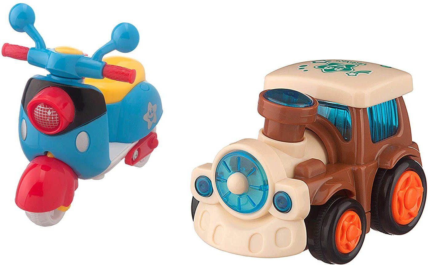Friction Toy Combo Pack of 2 Push and Go Toys. 1 Mini Train Engine + 1 Mini Scooter ( Set of 2 Cute Toys) - Toys For Kids, Toddlers, Baby, Child, Girls 3, 4, 5,6 and 7 Year Old Boys (2 Piece)