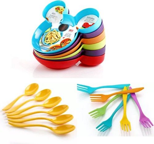 Cute Cartoon Plastic Plate Snack Serving Plate with free spoon and fork Mickey Mouse Shape Plates for Kids, Baby Cartoon Plate Best for Kids Gift (Multi-Color) Set of 3 pics Sectioned Plate 3 Frok Spoon, 3 Normal Spoon Sectioned Plate