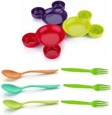 Cute Cartoon Plastic Plate Snack Serving Plate with free spoon and fork Mickey Mouse Shape Plates for Kids, Baby Cartoon Plate Best for Kids Gift (Multi-Color) Set of 3 pics Sectioned Plate