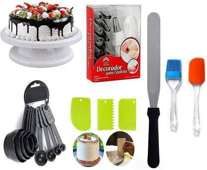 COMBO Cake Turntable & 12 pc Nozzle Set & Spatula, Brush & 8 Measuring Cup & Spoon and Pallet Knife & 3pc Scraper for Cake (Multicolor) Multicolor Kitchen Tool Set (Multicolor) Full Cake Maker Cake Maker