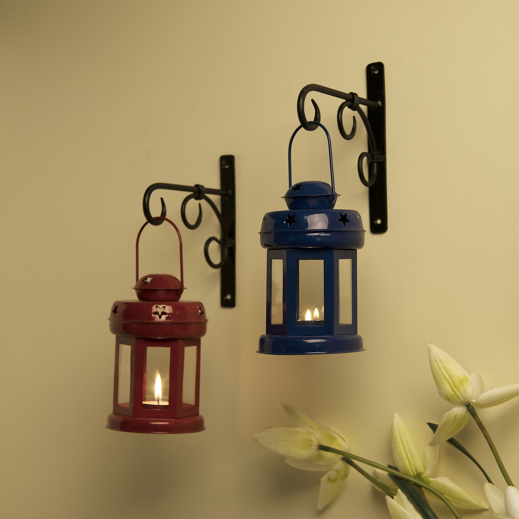 Wall Star Light Decorative Metal Lantern Indoor/Outdoor Hanging Lantern, Set of 2 Designer Candle Tealight Holder with Wall Hook, Red Blue Red, Blue Metal Hanging Lantern-image-27