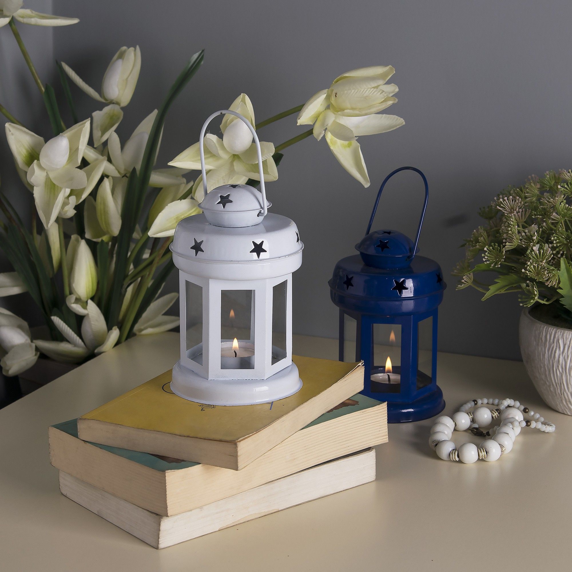 Star Light Decorative Metal Lantern Indoor/Outdoor Hanging Lantern, Set of 2 Designer Candle Tealight Holder, Blue, White Metal Table Lantern-image-24