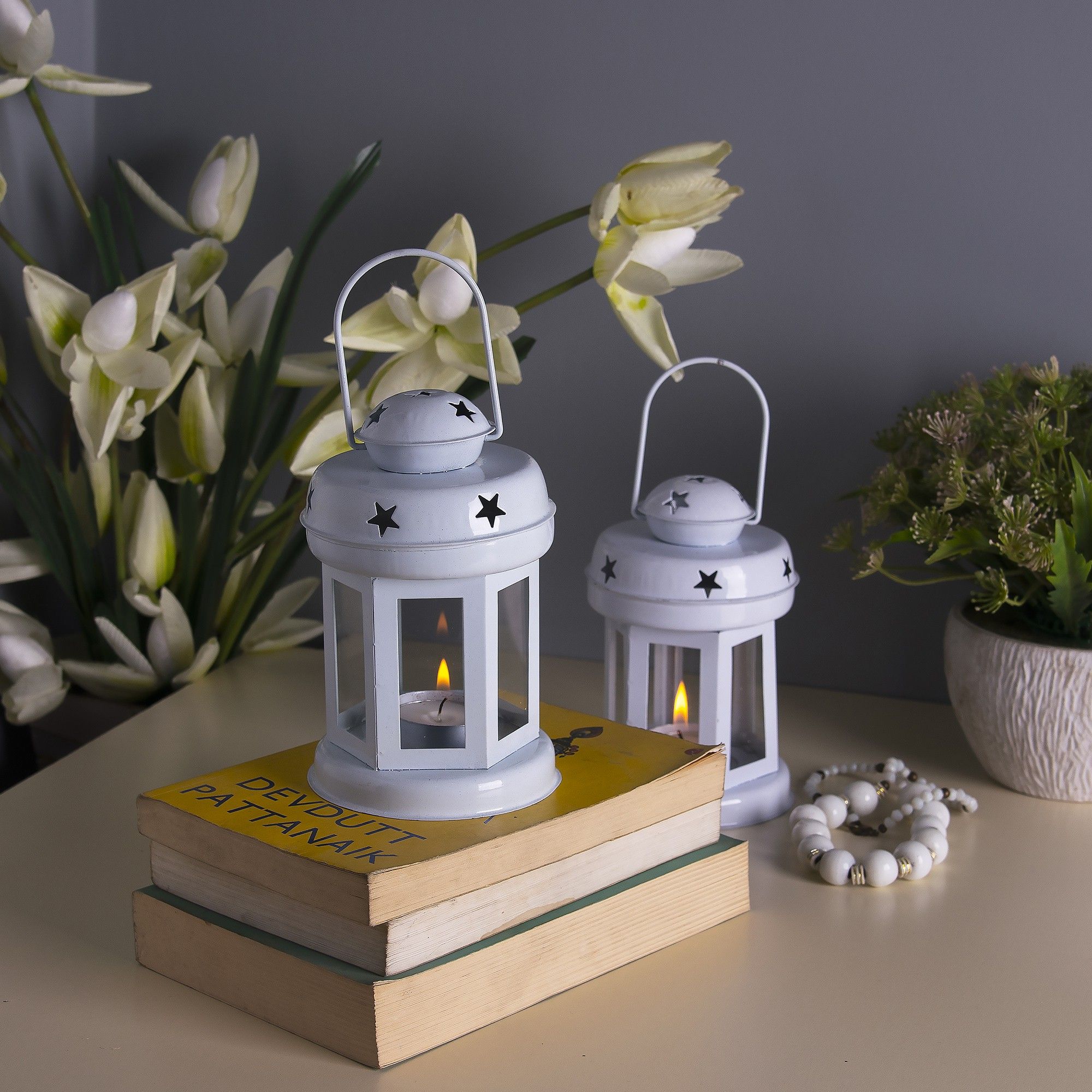 flipkart smartbuy Star Light Decorative Metal Lantern Indoor/Outdoor Hanging Lantern, Set of 2 Designer Candle Tealight Holder, White Metal Table Lantern-picture-14