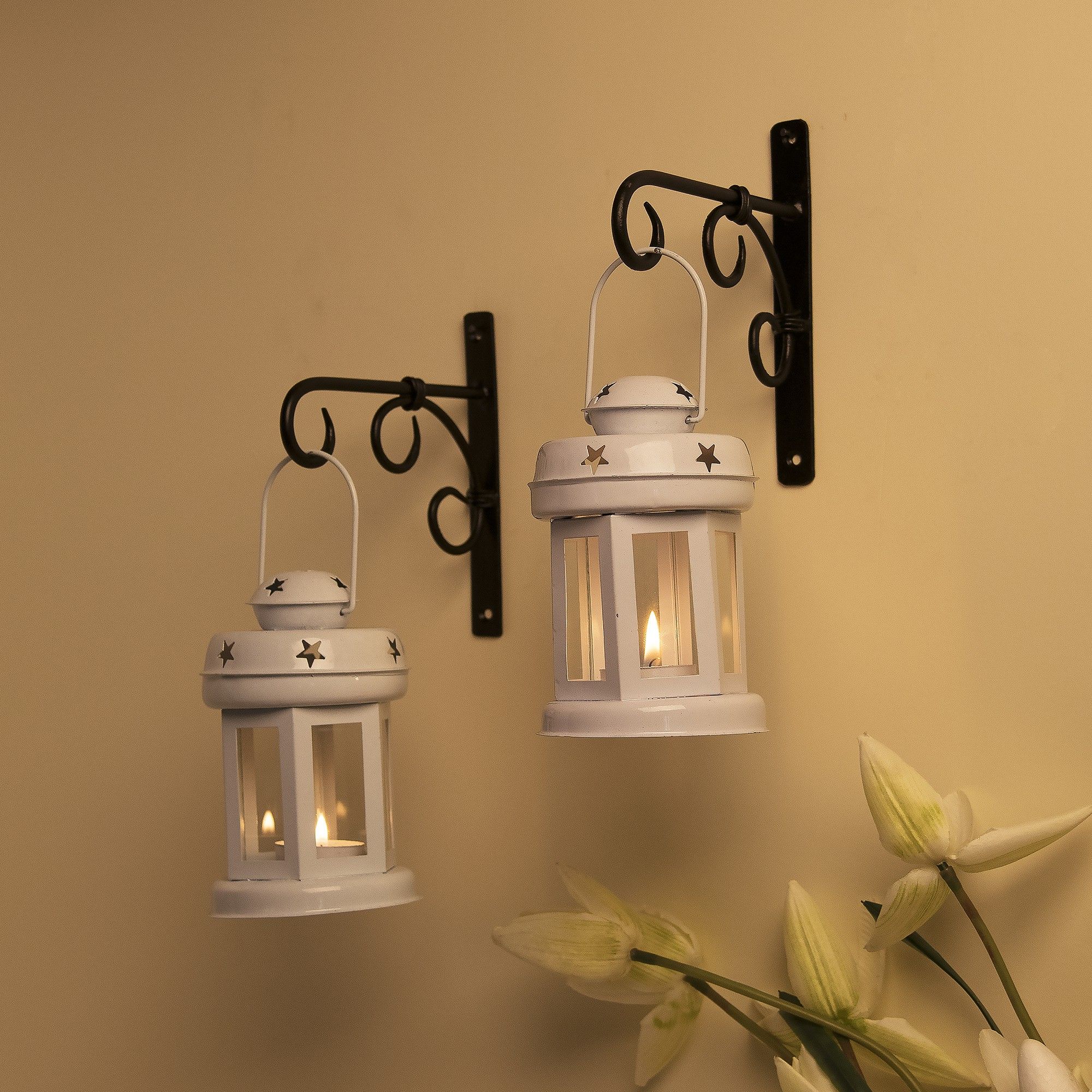flipkart smartbuy Wall Star Light Decorative Metal Lantern Indoor/Outdoor Hanging Lantern, Set of 2 Designer Candle Tealight Holder with Wall Hook, White White Metal Hanging Lantern-picture-14