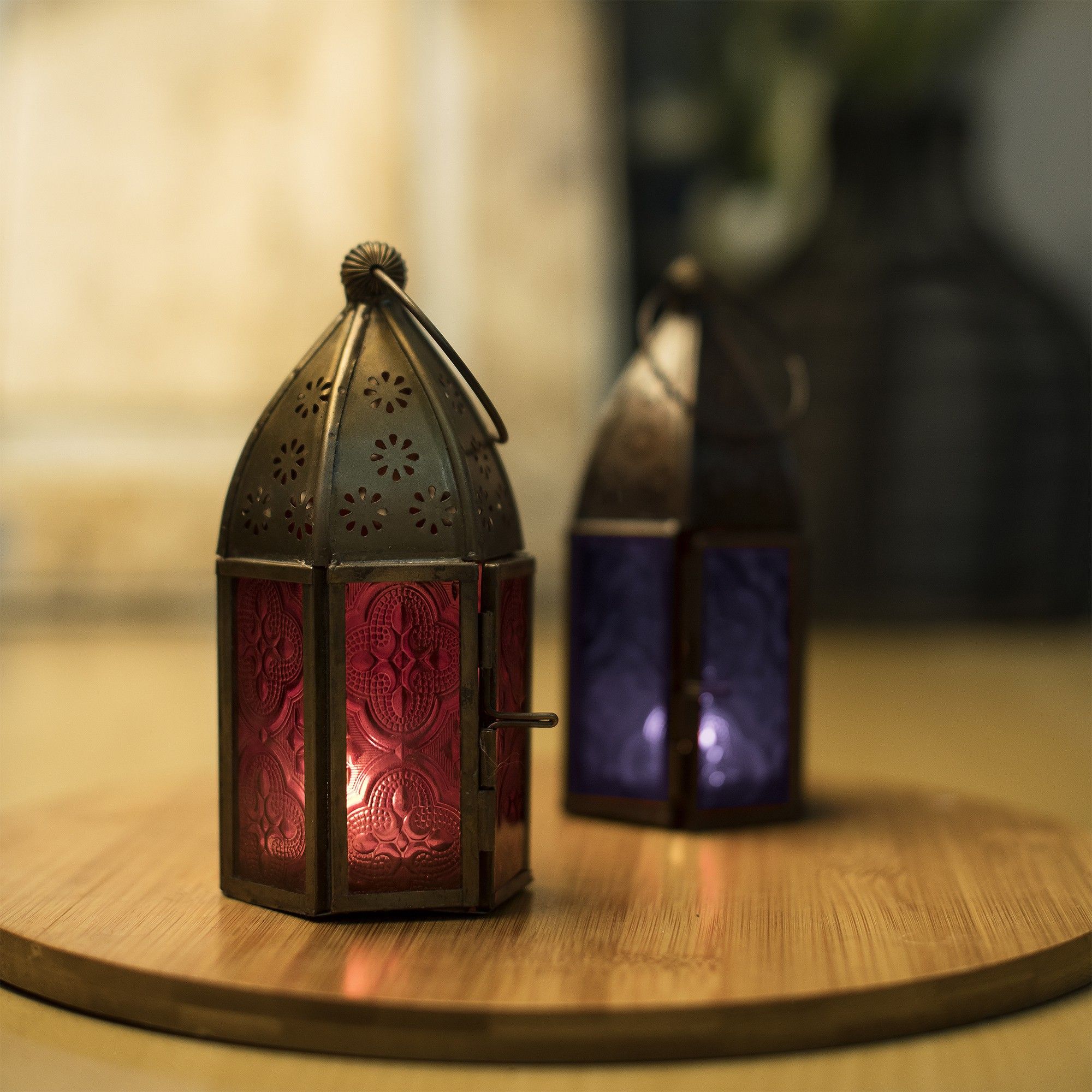 Metal Decorative Antique Brass Finish Moroccan Lantern Candle Holder, Set of 2, Tealight Hanging Home Office Decor, Gold, Red, Blue Metal Table Lantern-image-28